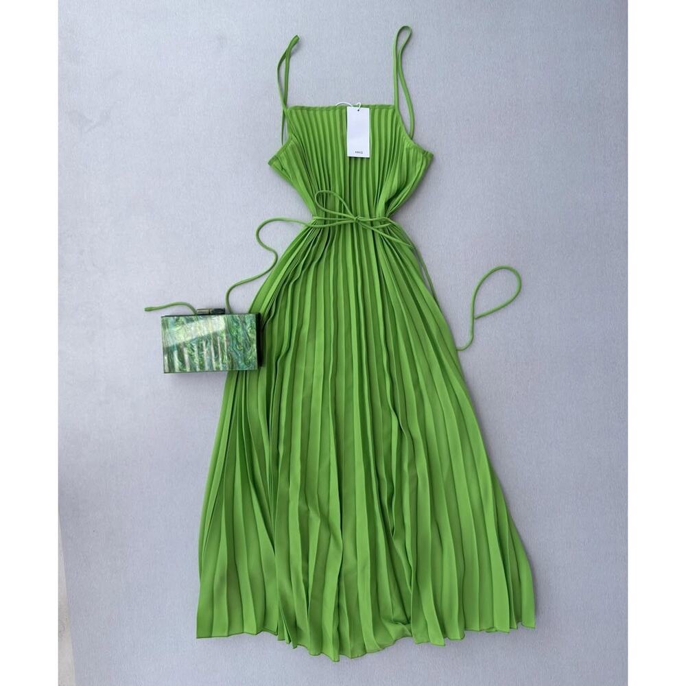 Mango NWT Lime Green Pleated Midi Dress Bow Belt 6 8 - Picture 15 of 16